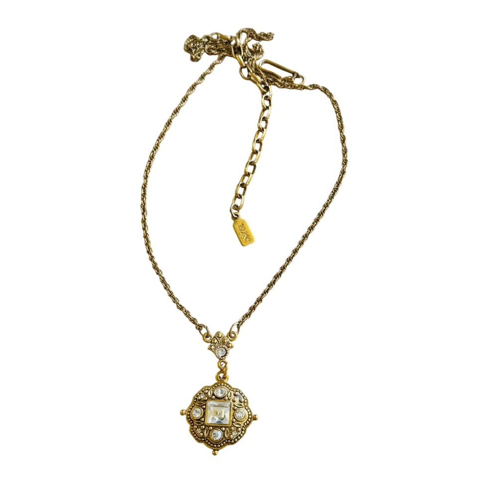 Victorian Style Fob Necklace VTG 1928 Co Crystal Rhinestone Gold Plated 20"